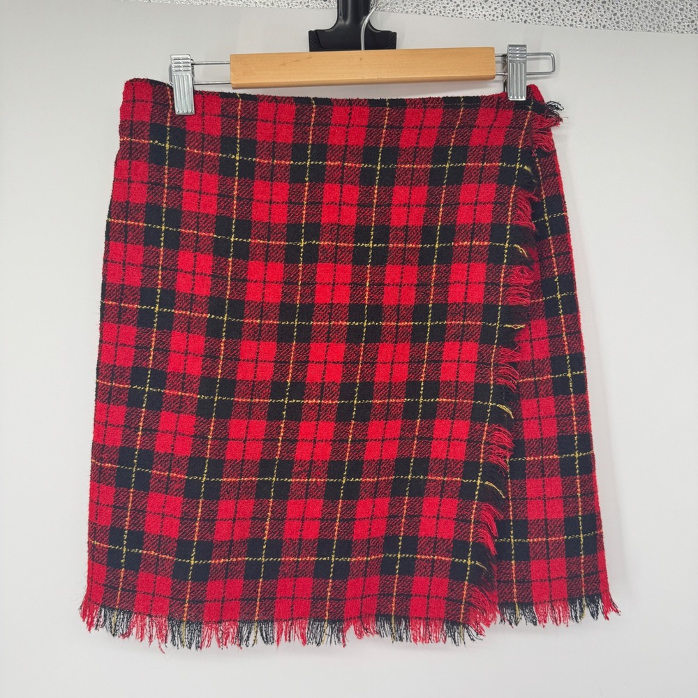 Vintage 90s DKNY Wool Blend Plaid Wrap Skirt 12 Fringe Dark Academia Made USA